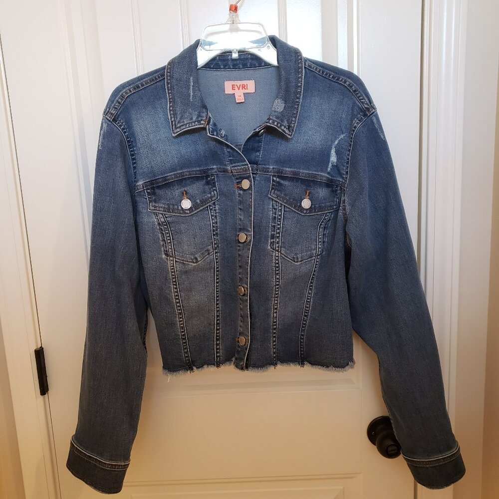 EVRI Women's Distressed Jean Jacket, Fray Hem